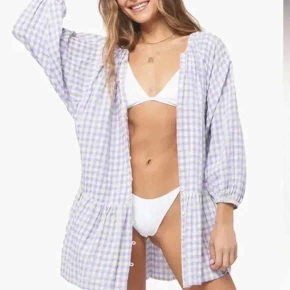 L* Space Vida Gingham Dress or Cover Up Med Purple & White Checkered - Picture 1 of 6